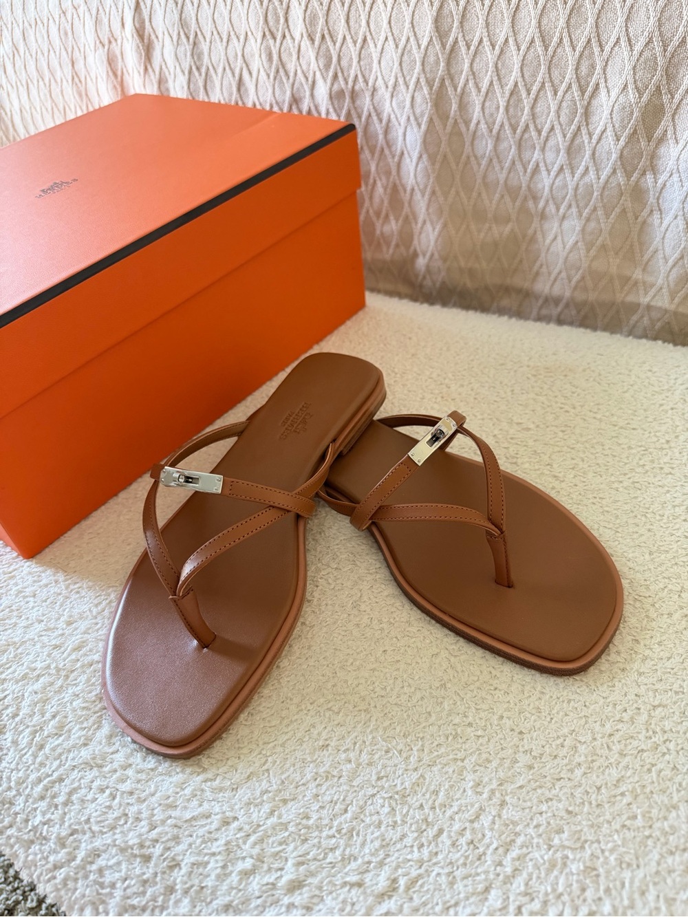 Hermes Brown Leather Thong Sandals with Silver Accent - Picture 1 of 3